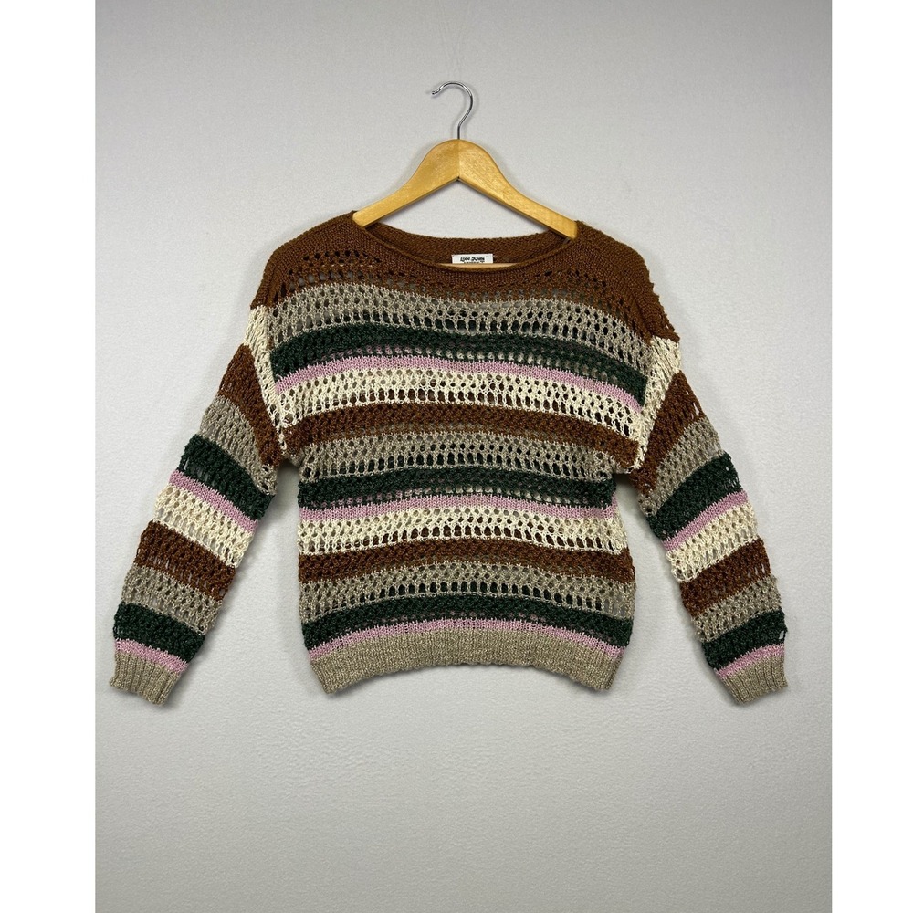 Boho Crochet Love Knits Womens‎ Medium Brown Striped Open Knit Crewneck Sweater